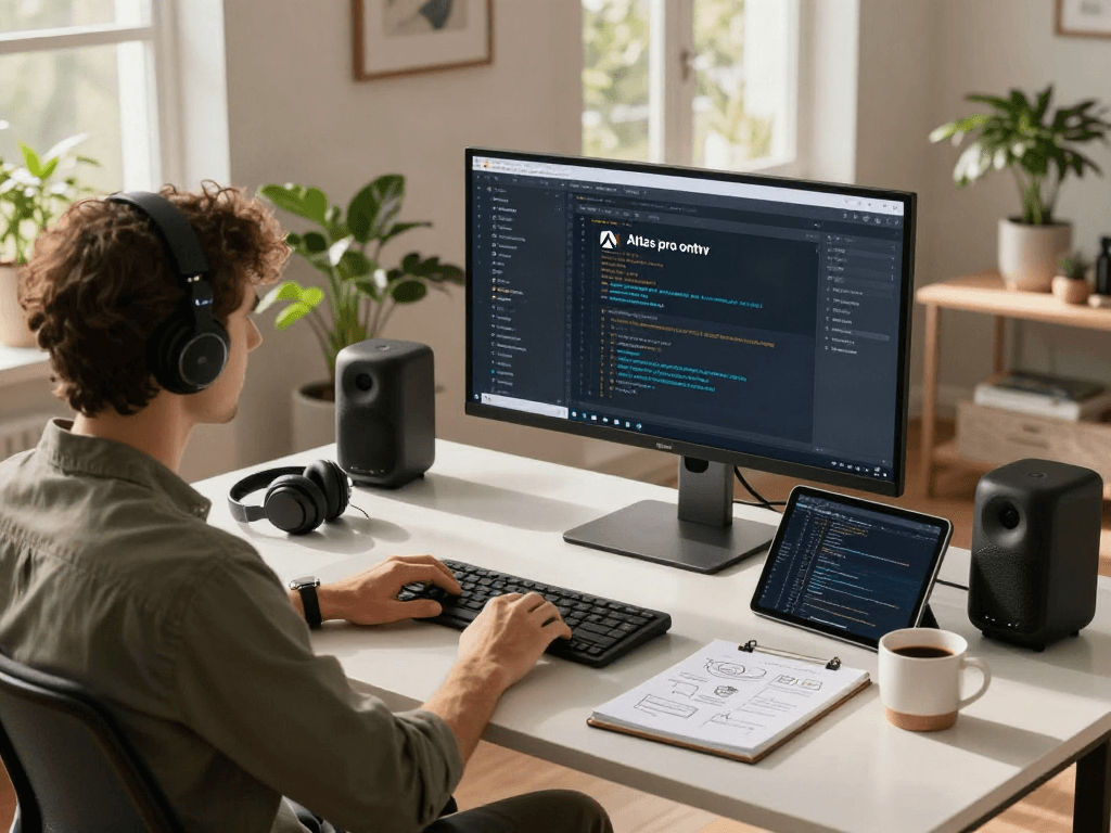 Développeur travaillant sur l'application Atlas pro ontv dans un bureau moderne et lumineux.