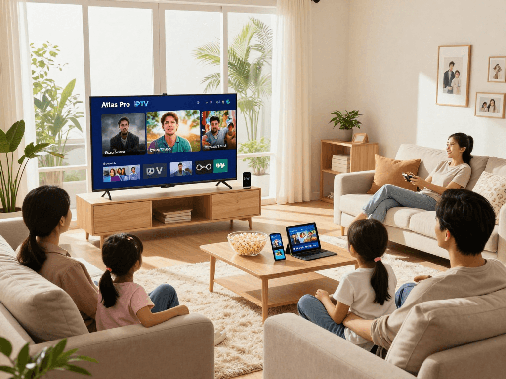 Famille se divertissant avec Atlas Pro IPTV dans un salon lumineux.