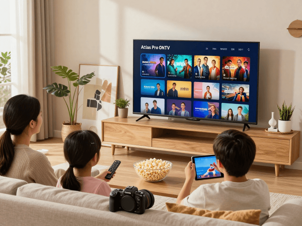 Famille profitant de l'application atlas pro ontv sur Smart TV dans un salon accueillant.