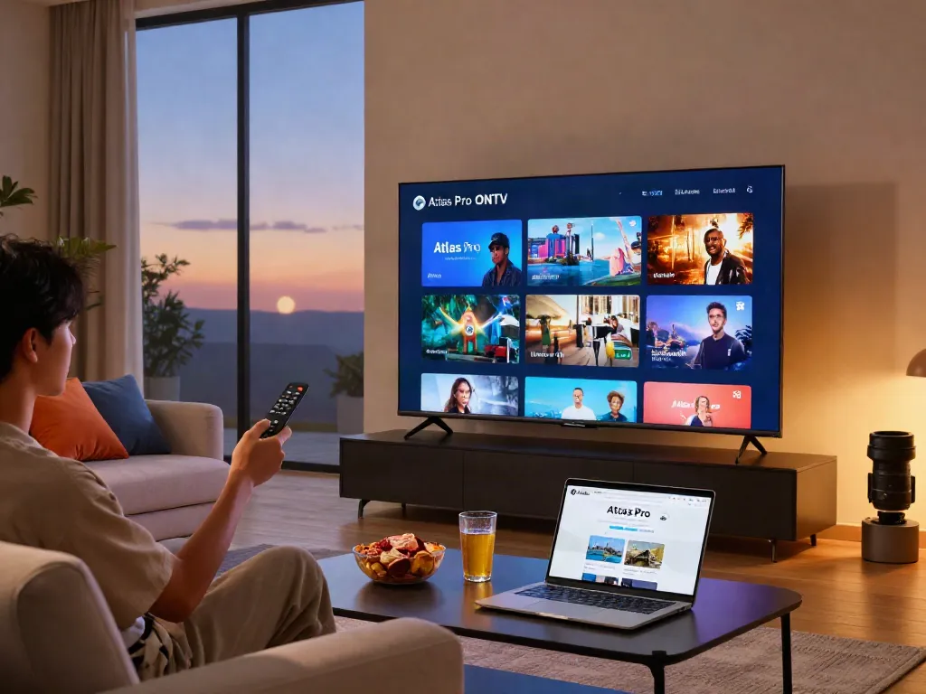 Configuration moderne à domicile avec l'application atlas pro sur une grande TV intelligente, utilisateur dans un cadre confortable.