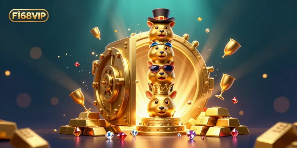 Engage with F168VIP's vibrant casino world, featuring a golden totem pole amidst a treasure vault bursting with gems and coins.
