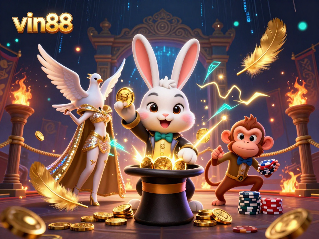 Engage with vin88 as a magician rabbit unveils golden coins amidst thrilling casino elements.