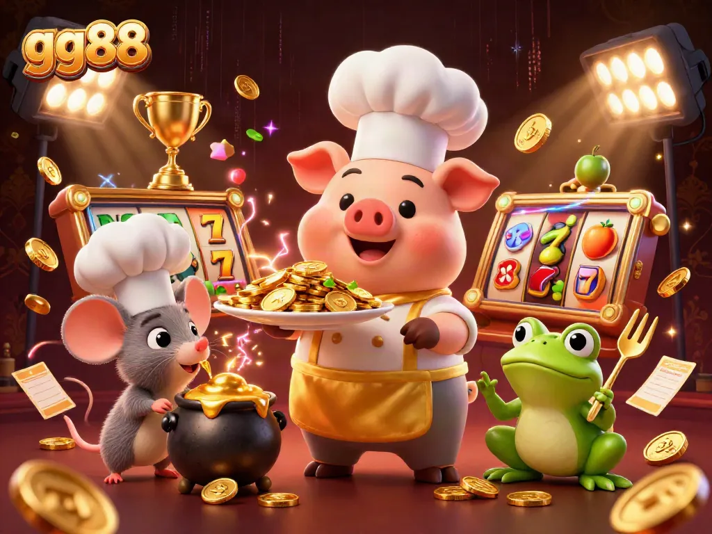 Experience the excitement of gg88 slots with cartoon characters serving gold coins and vibrant casino elements.