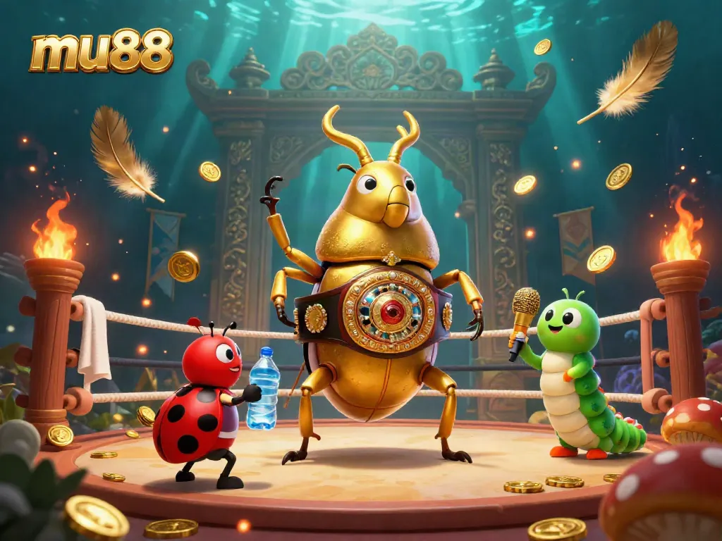 Engaging scene showcasing mu88, with a giant stag beetle in a boxing belt, vibrant colors, and immersive betting elements.