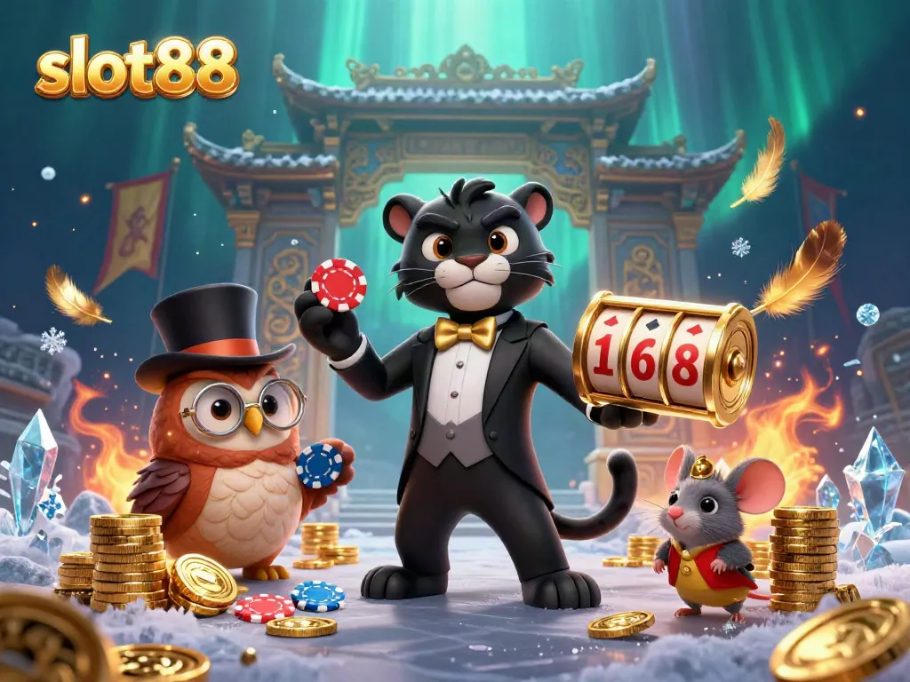 Engaging scene featuring stylish characters playing slot88, a black panther, an owl, and a mouse surrounded by casino elements.