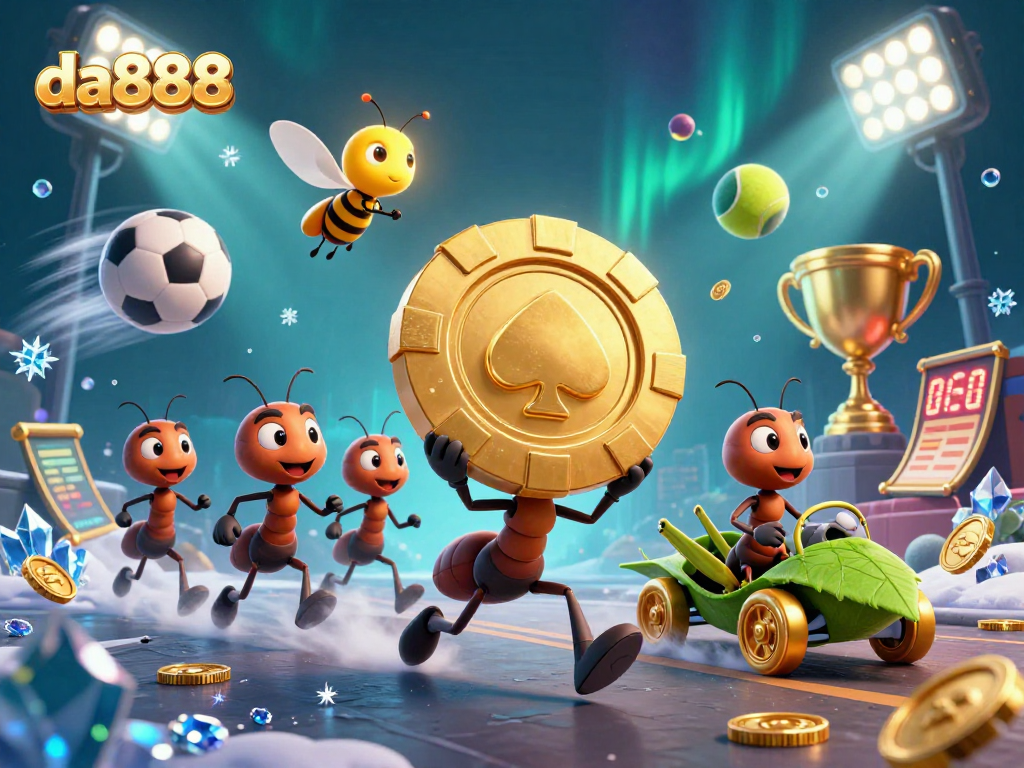 Engage in thrilling action with da888 as cartoon ants heist golden poker chips through a vibrant casino world.
