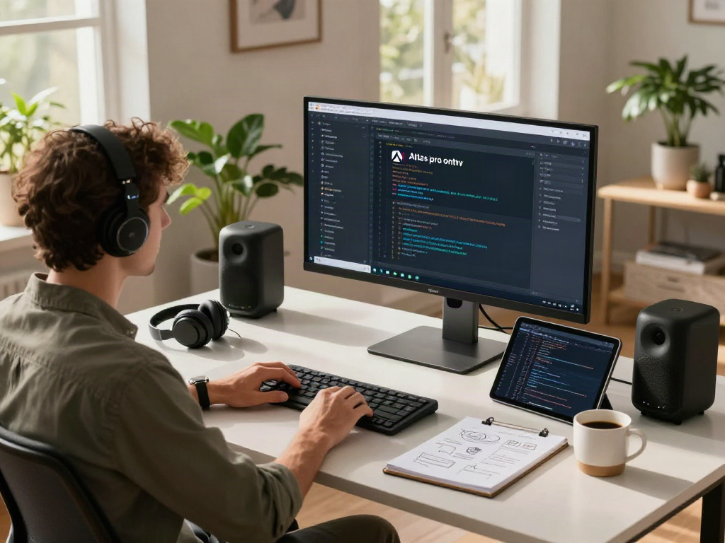 Développeur travaillant sur l'application Atlas pro ontv dans un bureau moderne et lumineux.