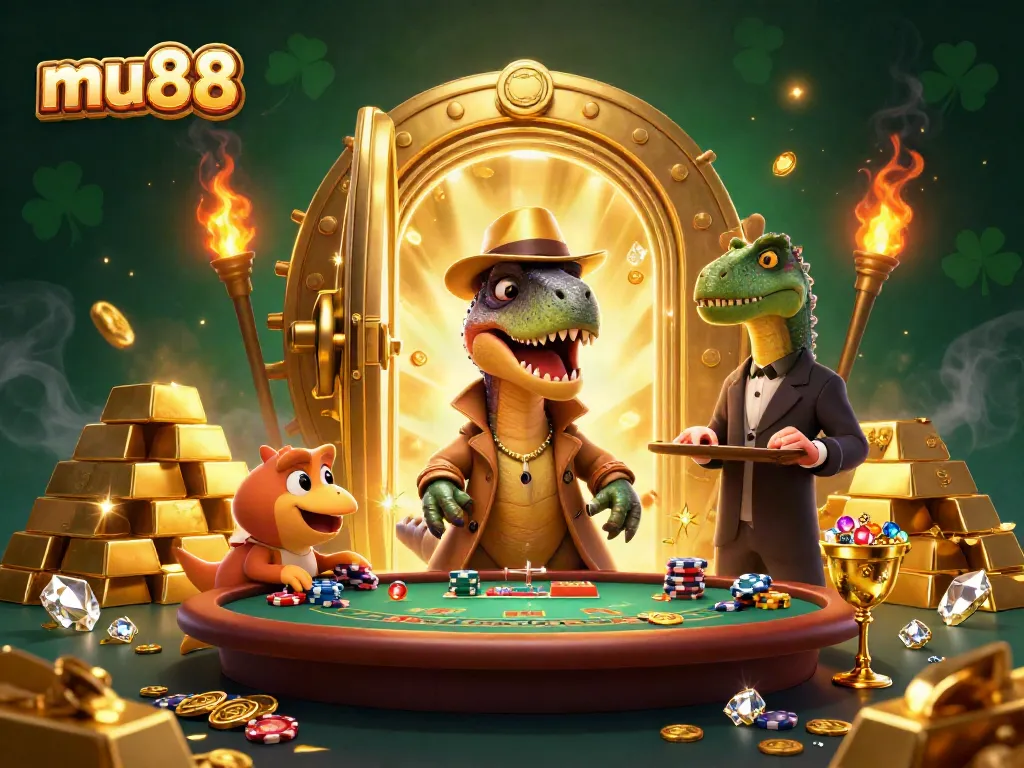 Experience thrilling blackjack action with a velociraptor at mu88 in a lively casino scene.