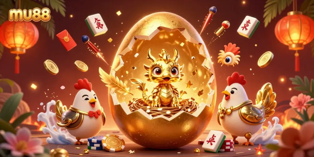 Experience the excitement of mu88 through a vivid 3D illustration featuring golden gaming elements.