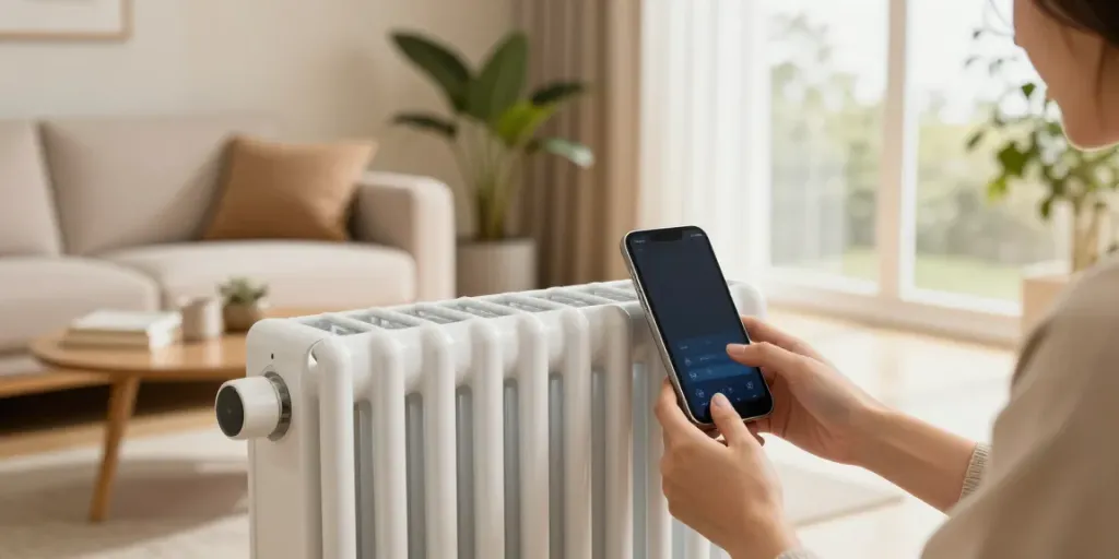 Radiateur inertie sèche élégant dans un salon moderne avec réglages connectés via application.