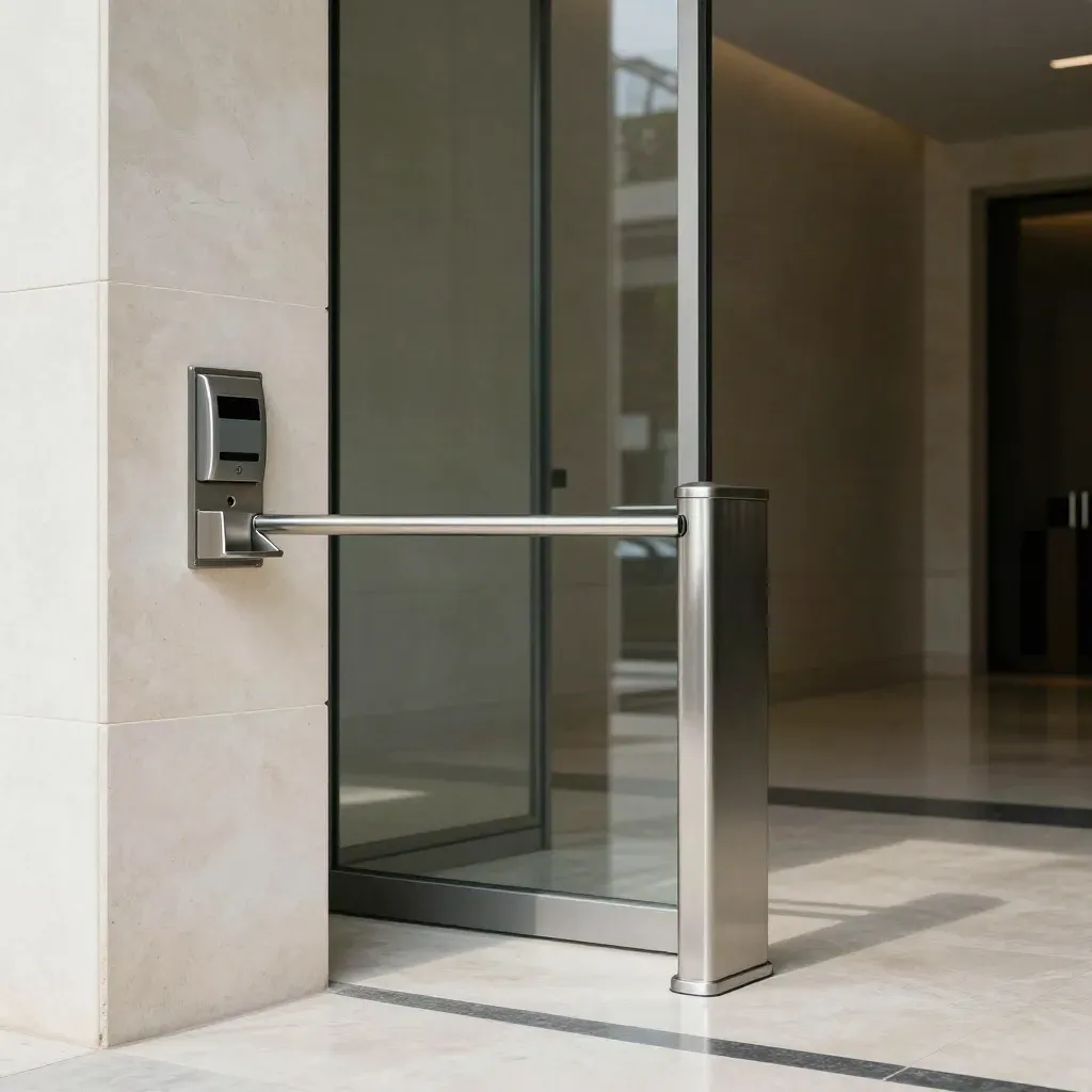 Hall d’immeuble premium avec tourniquet discret, lecteur de carte et bac à clés en reflets polis.