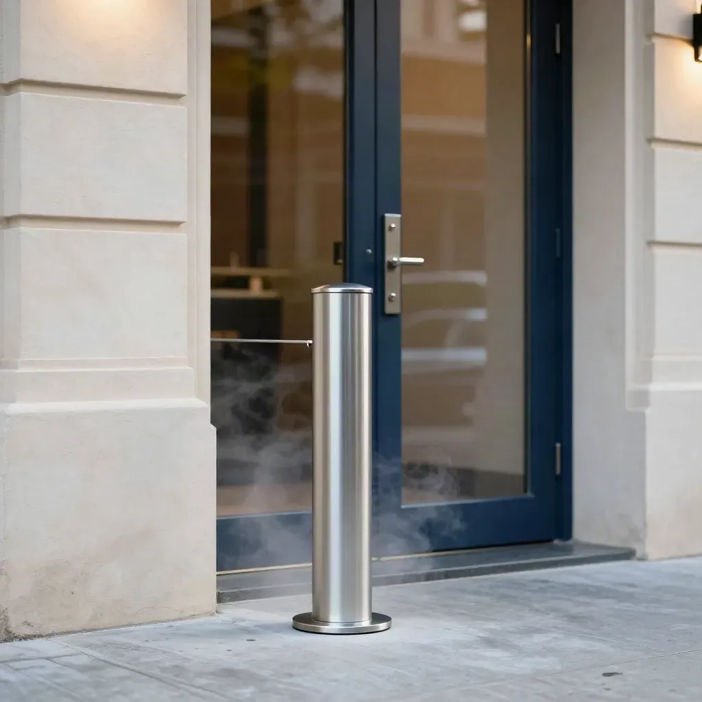 Entrée de résidence sécurisée avec borne escamotable, porte vitrée et lumière douce.