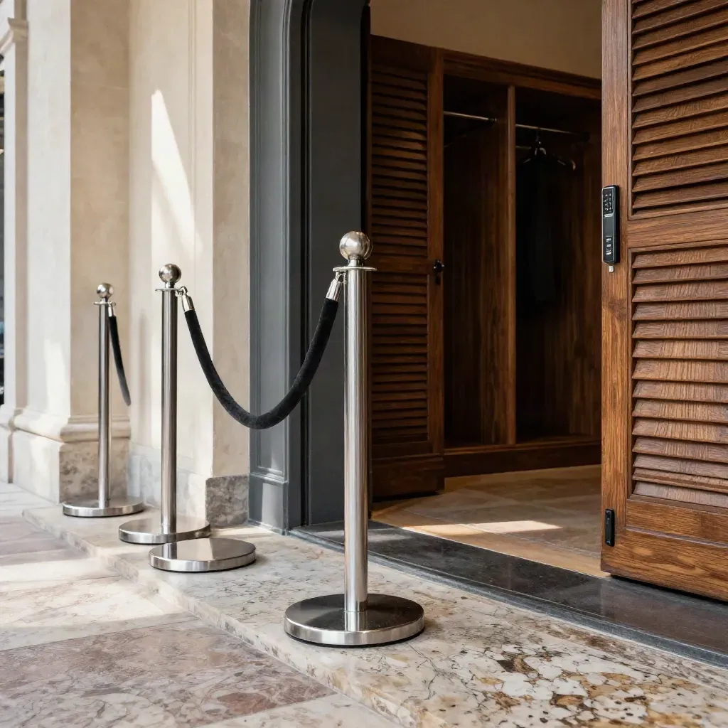 Foyer d’événement premium avec stanchions argentés, arche de contrôle éteinte et vestiaire fermé.