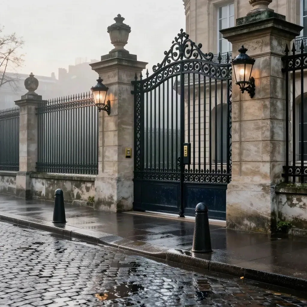 Entrée d’un hôtel particulier parisien mouillée à l’aube, portail noir, brume et pierre