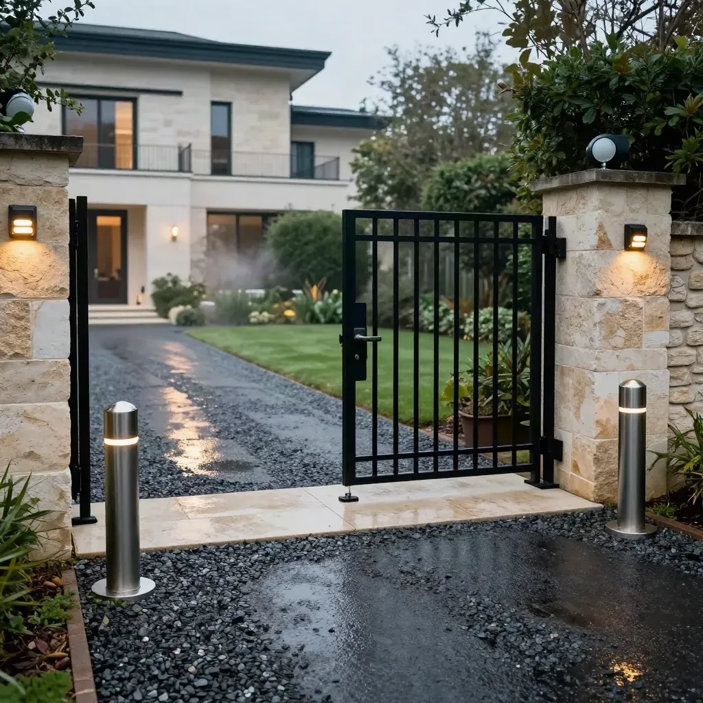 Allée de villa contemporaine de nuit, portillon verrouillé, bornes basses et lumière rasante.