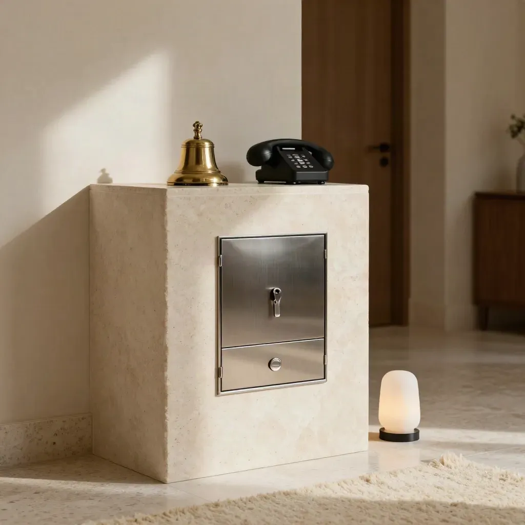 Poste d’accueil concierge en pierre claire, téléphone, casier à clés et lampe douce dans une entrée élégante.