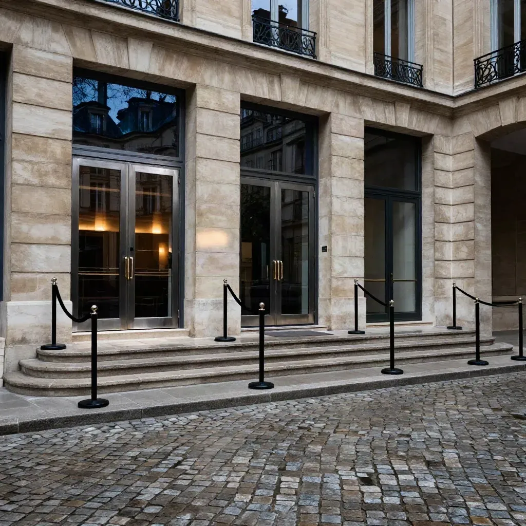 Cour d’hôtel particulier parisien vide, stanchions discrets, escalier en pierre, portes vitrées closes.
