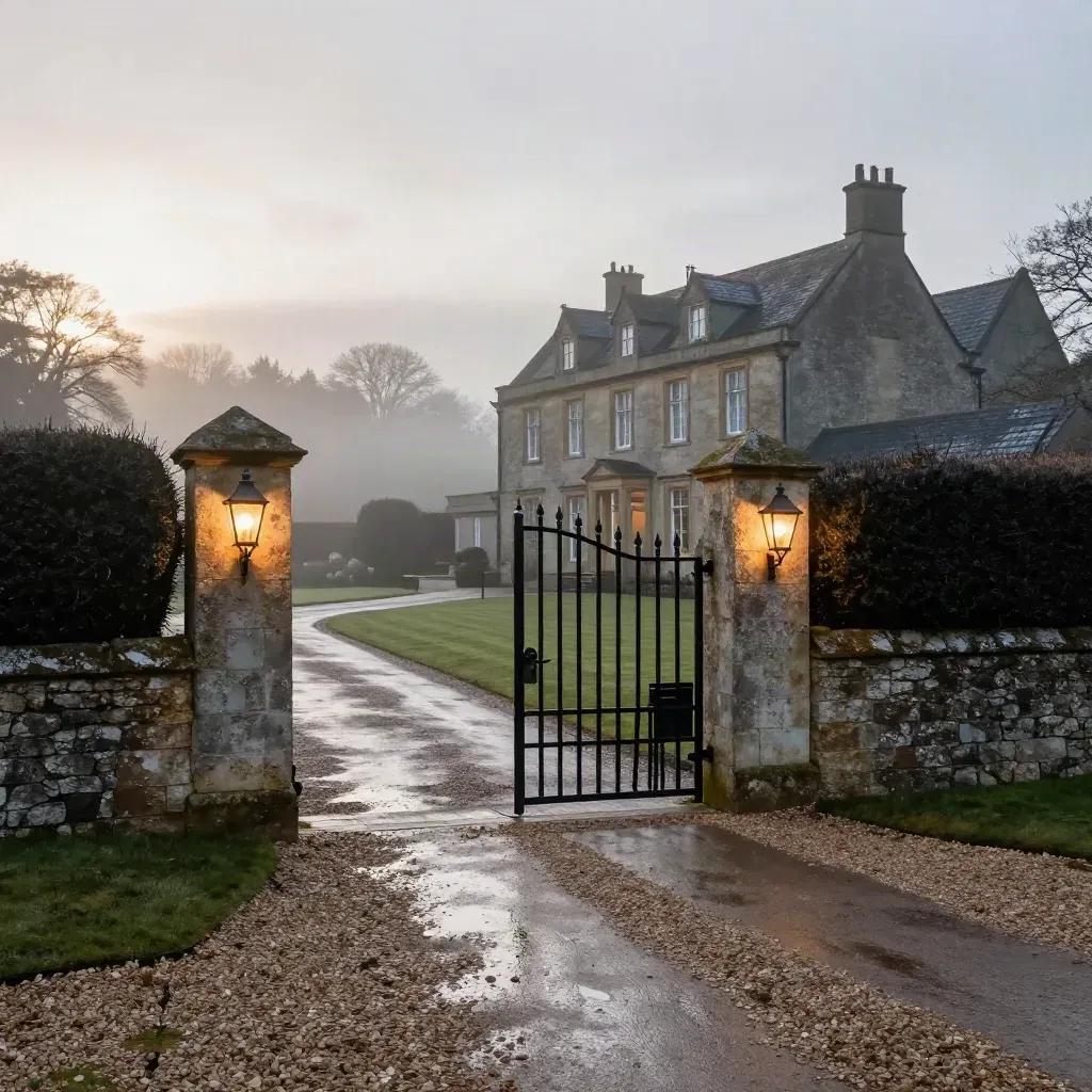 Portail fermé d’un domaine rural, lanternes allumées et allée humide dans le brouillard.