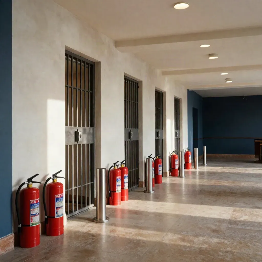 Foyer vide avec extincteurs alignés, portes coupe-feu closes et lumière dramatique.