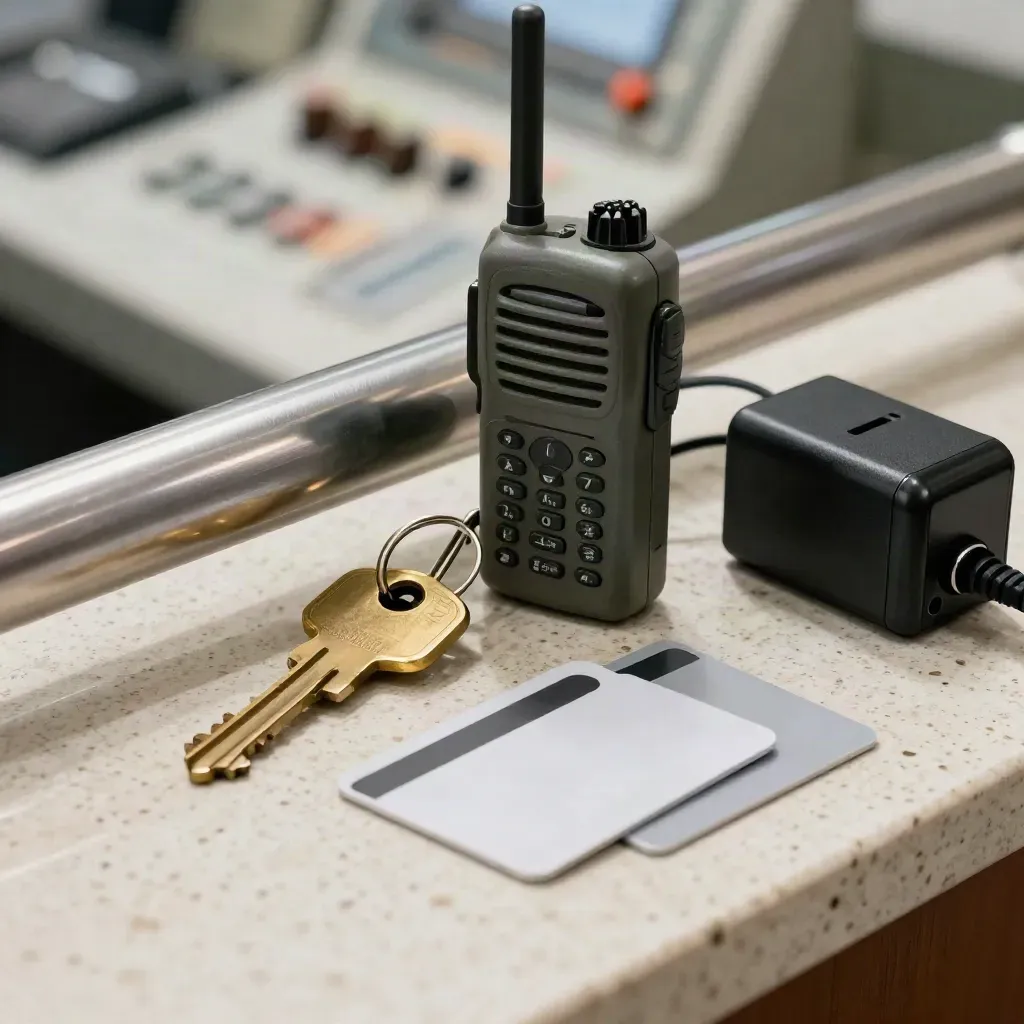 Trousseau maître, radio, cartes d’accès et chargeur sur travertin, lumière douce.