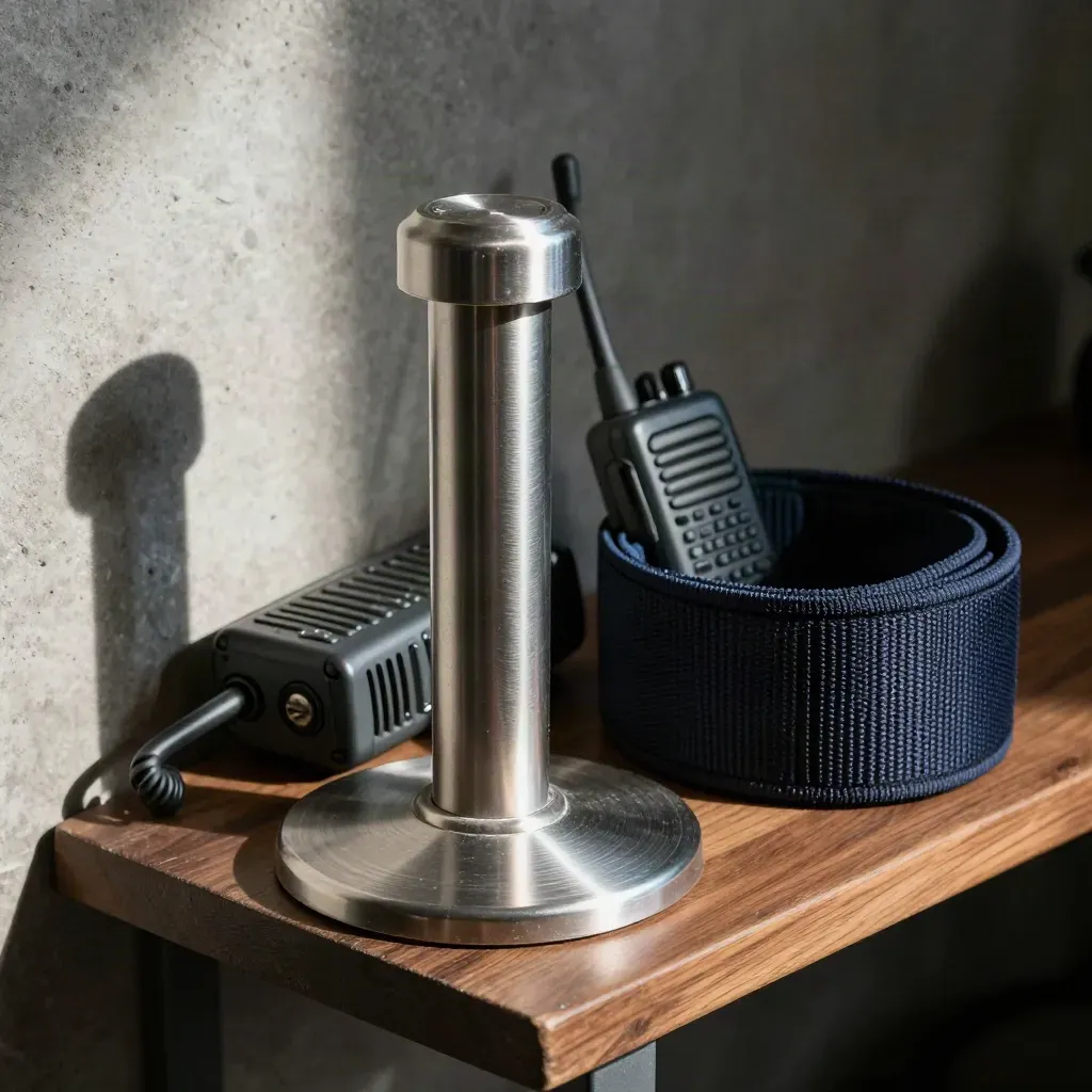 Kit de sécurité événementielle sur une étagère en métal, reflets mats, accent bleu nuit.