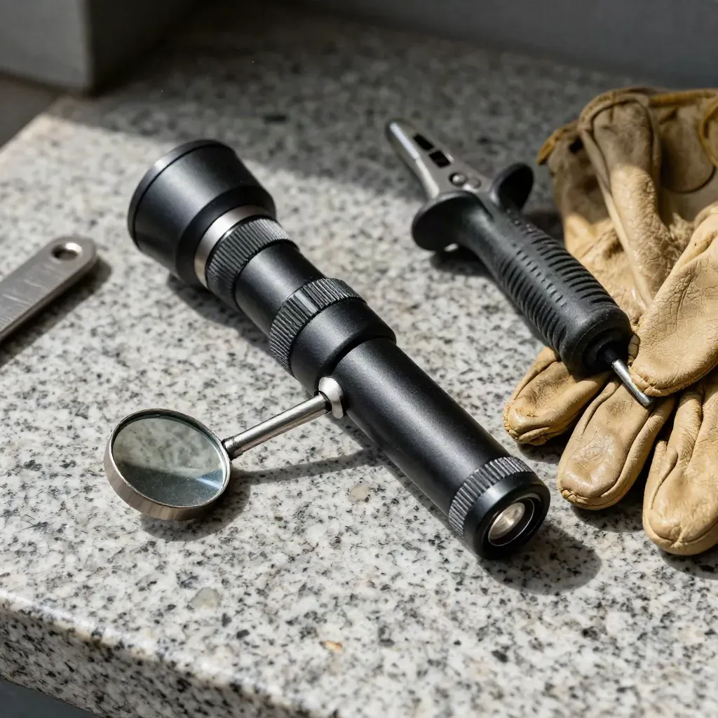Outils d’inspection sur granit sombre : lampe torche, miroir télescopique, testeur et gants pliés.