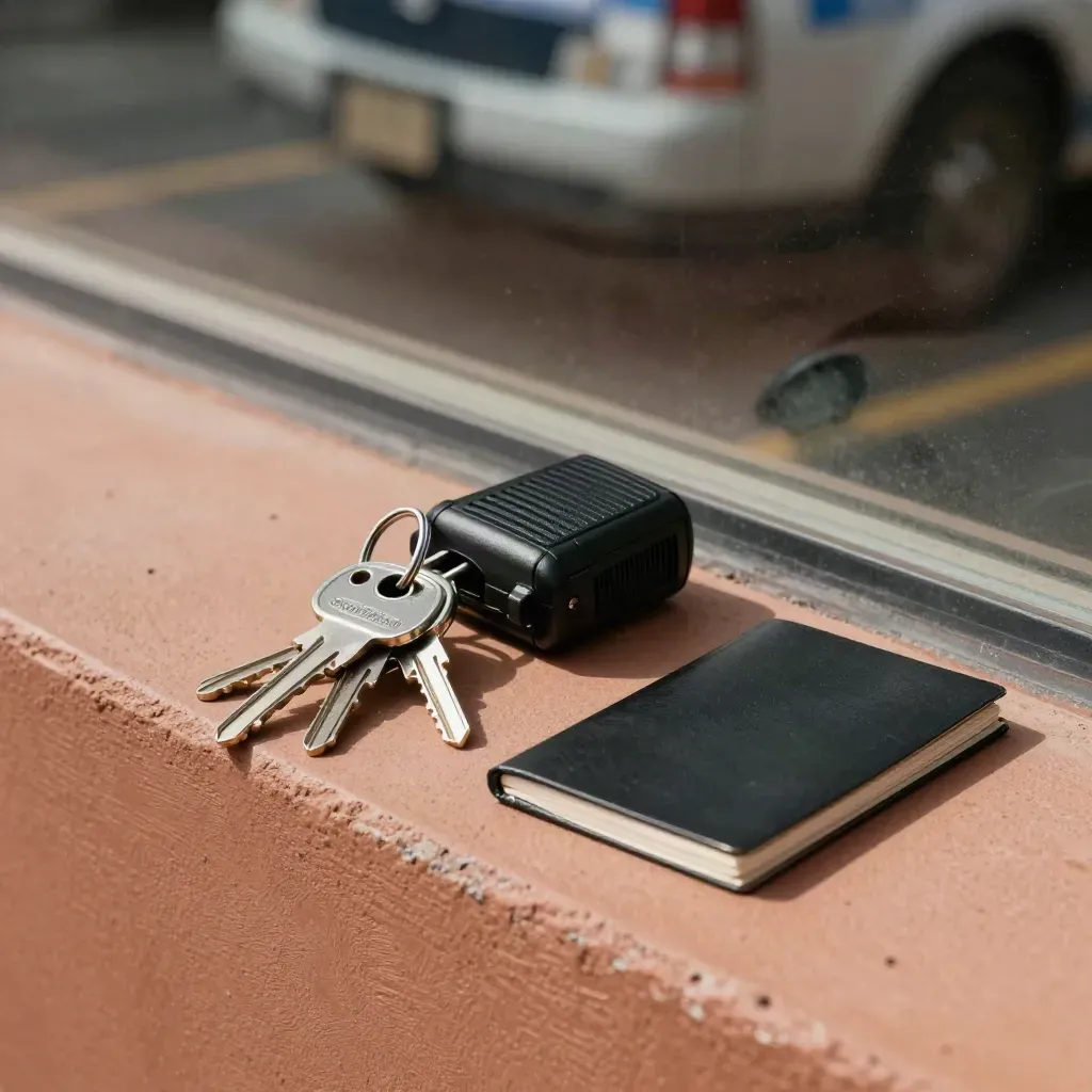Clés de véhicule, radio et chargeur de ceinture sur une ledge en béton terracotta.