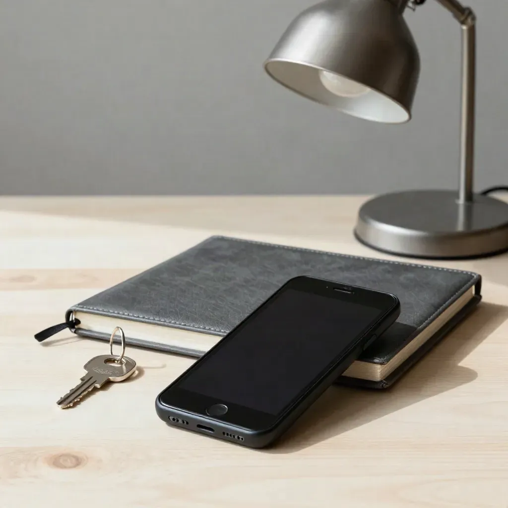 Téléphone de bureau, carnet cuir, clé de site et petite lampe sur bois clair.