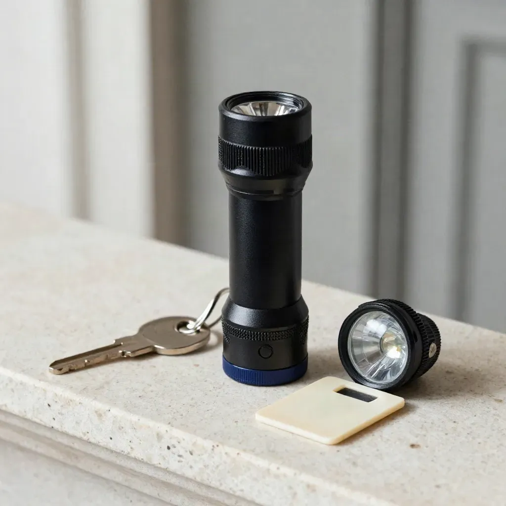Gros plan d’une torche, d’une clé d’accès, d’un badge RFID et d’une lampe de contrôle sur pierre.