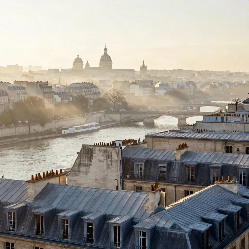 Panorama brumeux de Paris au lever du jour, toits en zinc et Seine noyée de lumière.