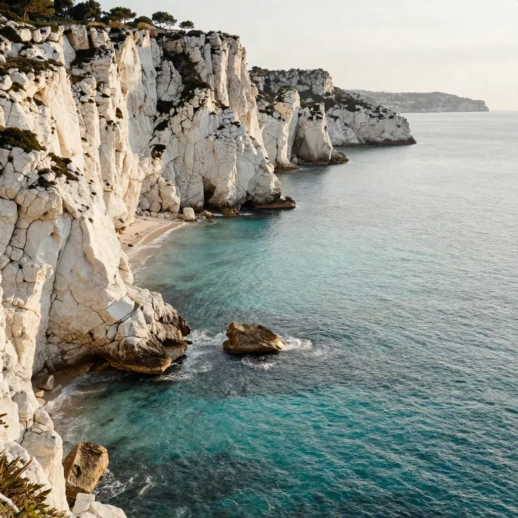 Les calanques de Provence au soleil rasant, falaises calcaires et mer turquoise voilée.