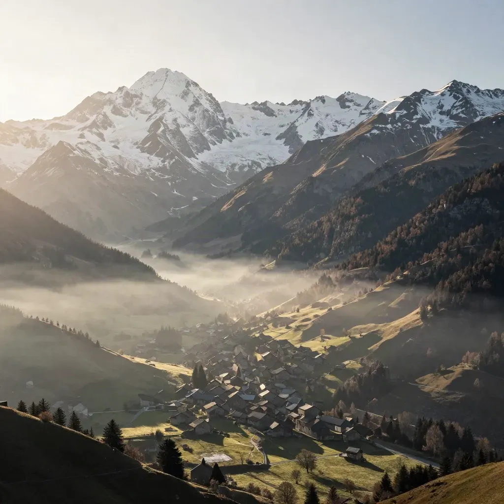 Massif alpin enneigé sur vallée verte noyée de brume, petit village au loin.