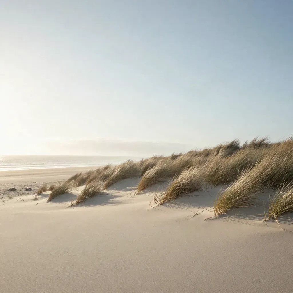 Dunes de la Côte d’Opale sous une brume argentée et un ciel immense.