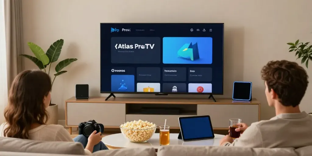 Application Atlas Pro ONTV affichée sur un grand écran dans un salon confortable.