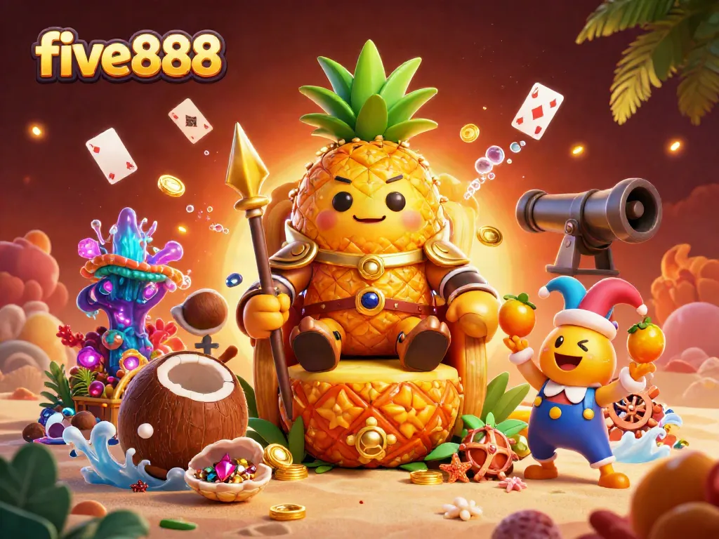 Experience the excitement of five888 with the golden pineapple king ruling the beach casino!