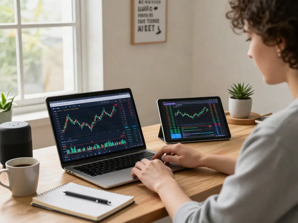 Utilisateur analysant les marchés sur Essor Invexaro dans un bureau moderne.