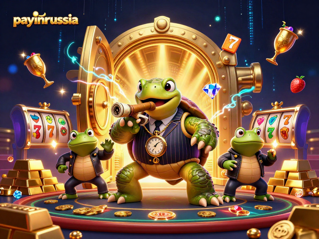 Payinrussia : une tortue et des grenouilles gardent de l'or et des jeux de casino à travers une scène dynamique.