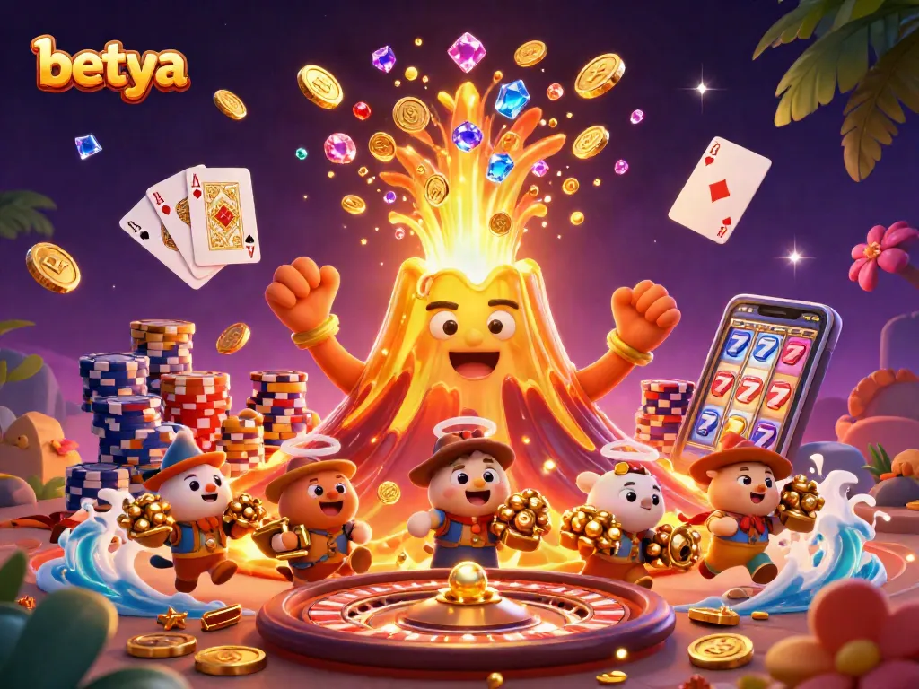 Experience the thrilling game action at betya, featuring a vibrant 3D illustration of a golden volcano erupting with treasures and gaming excitement.