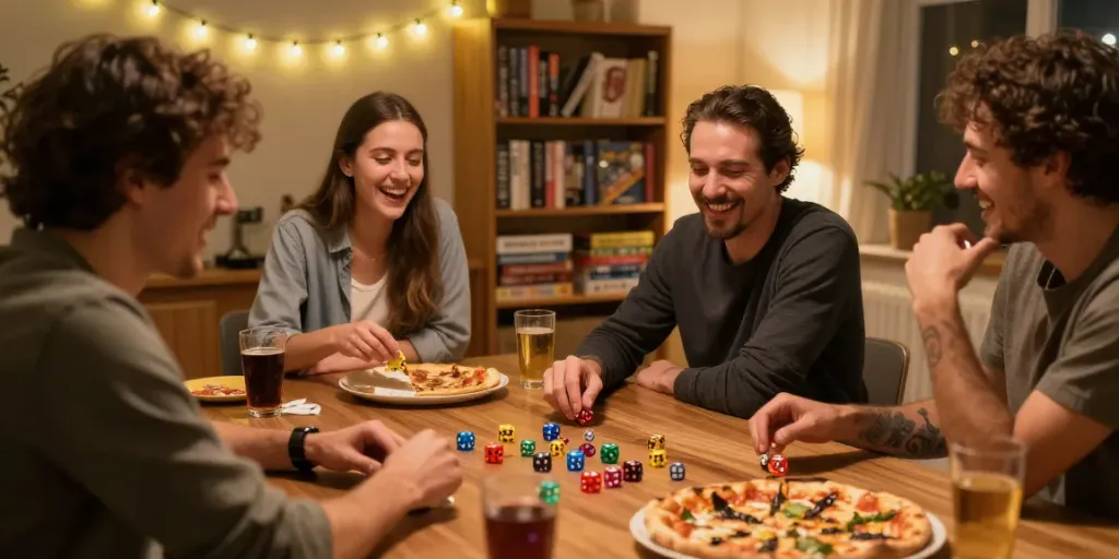Jeux de dés animant une soirée de jeux entre amis avec des dés colorés et une ambiance chaleureuse.